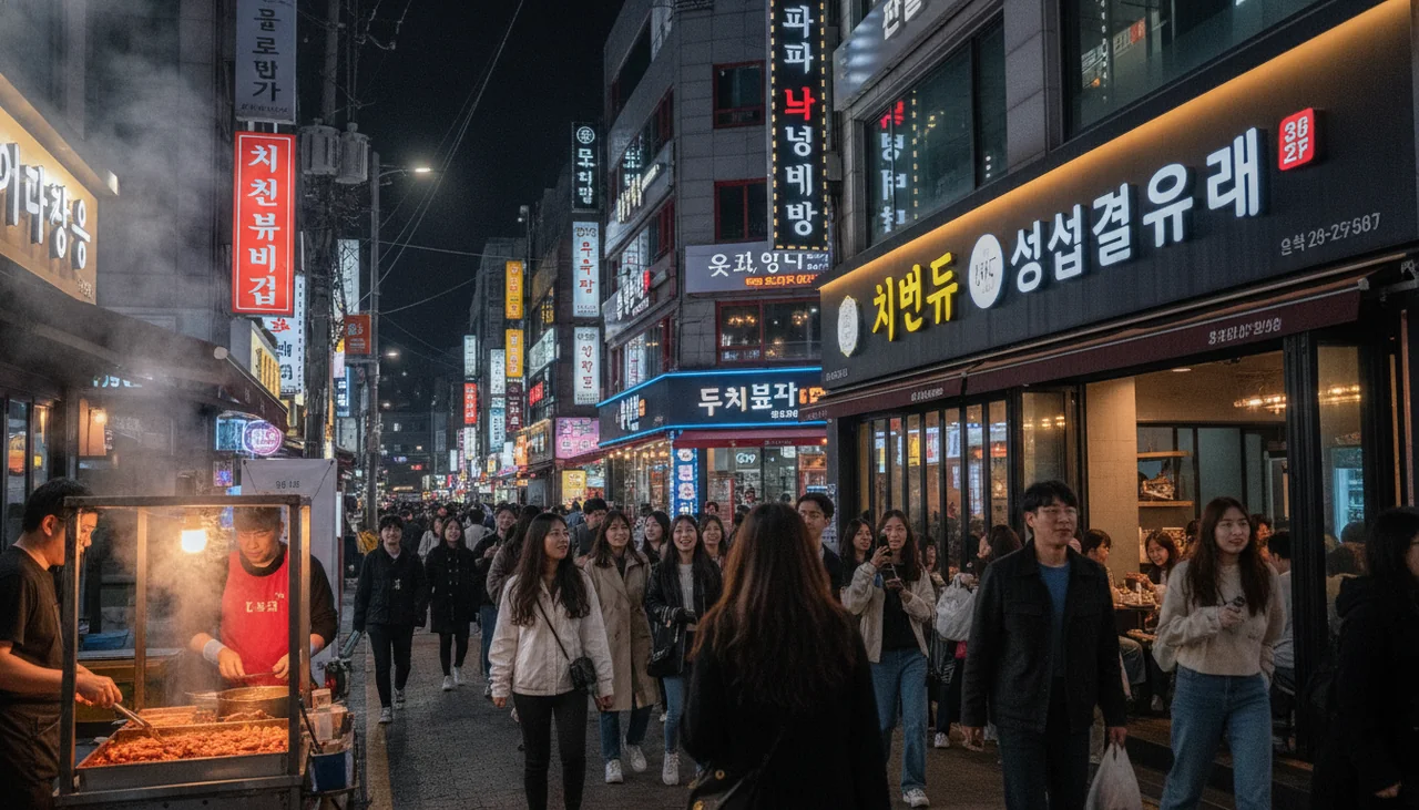 Bustling Hapjeong street at night with neon signs