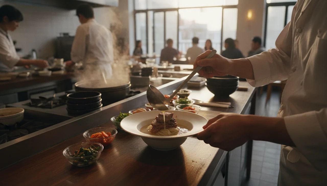 chef artfully plating modern gomtang