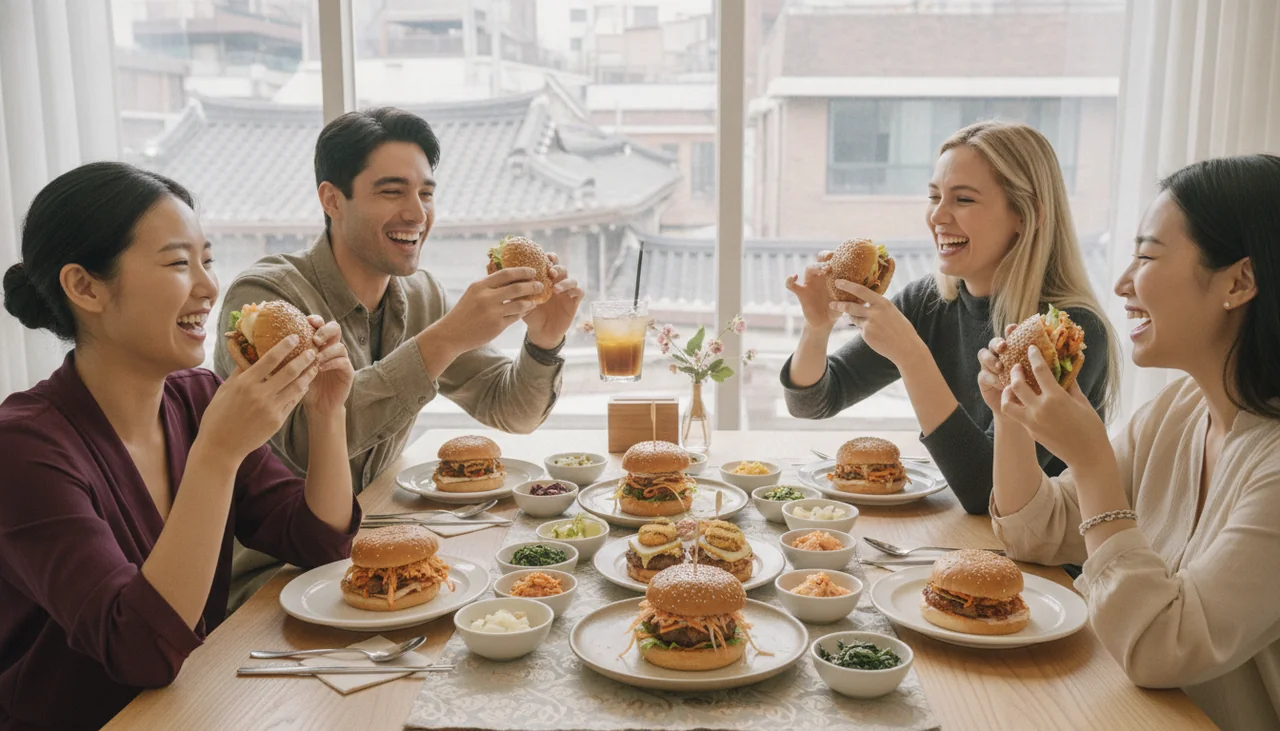 Diverse group of friends eating gourmet burgers