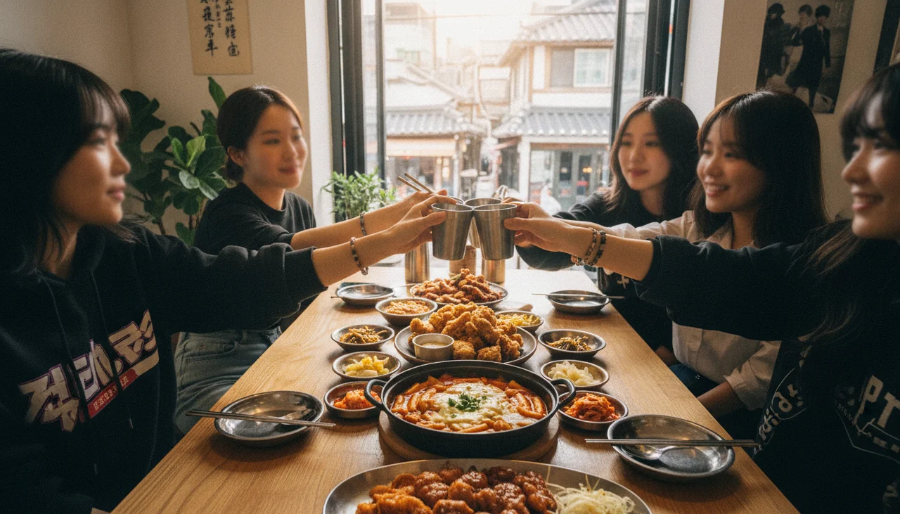 K-Pop fans sharing food in a casual eatery