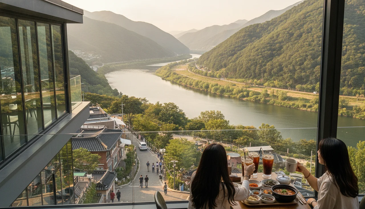 Scenic view of Bukhangang river with mountains