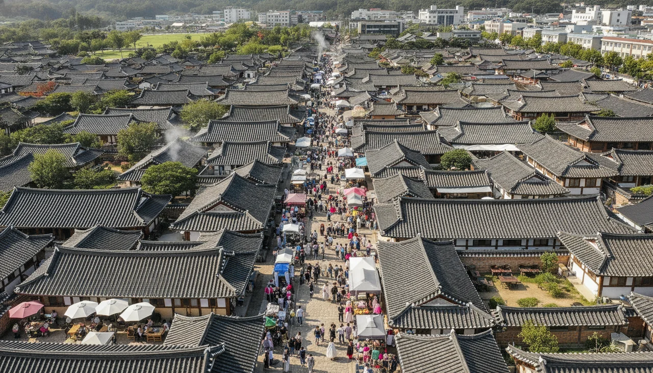 Aerial view of bustling Jeonju Hanok Village