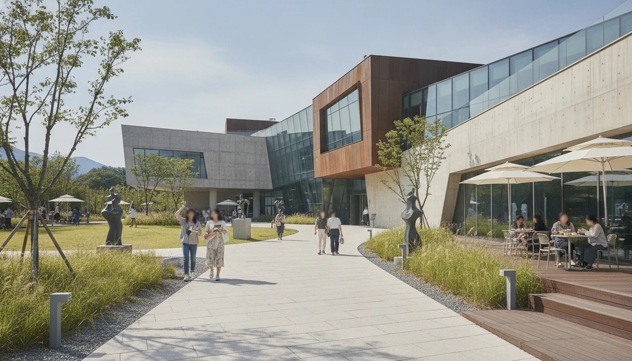 Architectural shot of a gallery building in Heyri