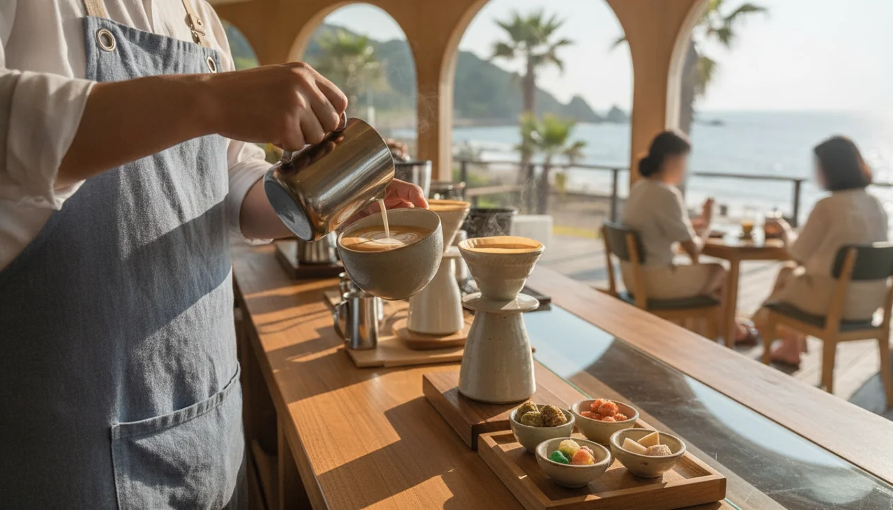 barista making coffee at a seaside cafe