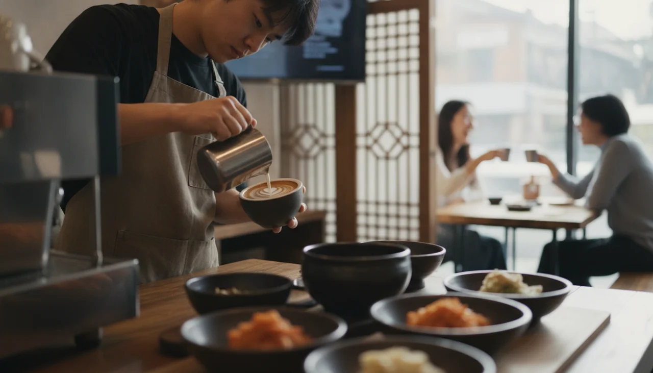 barista pouring latte