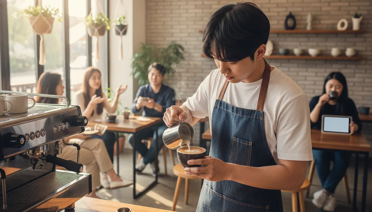 barista preparing a drink in a modern cafe