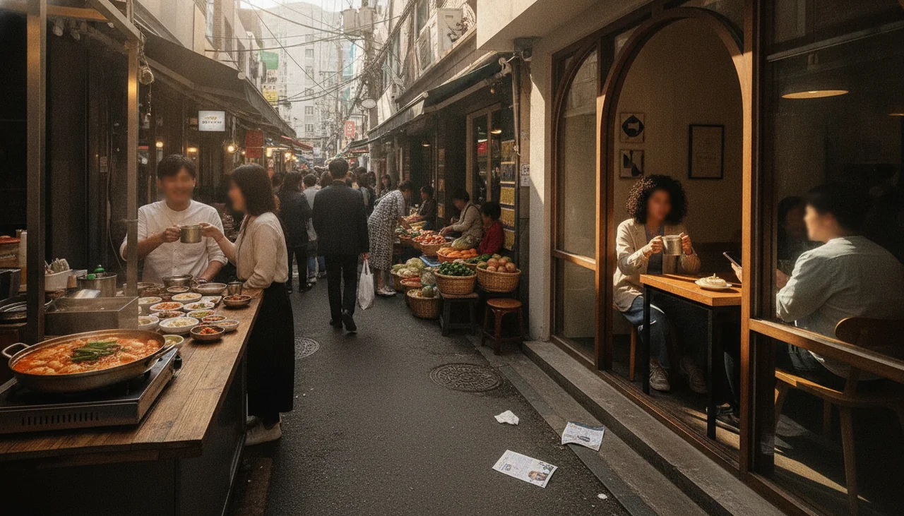 Bustling alleyway in Mangwon-dong during the day