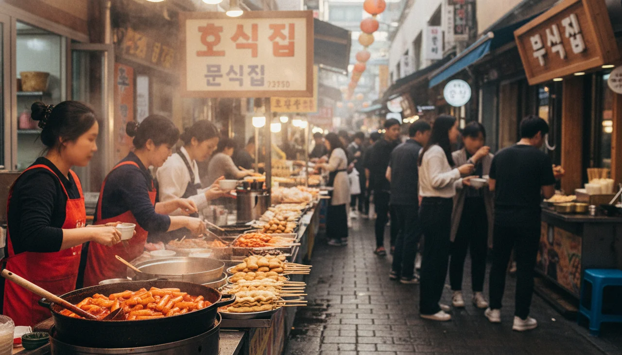bustling market street with food stalls