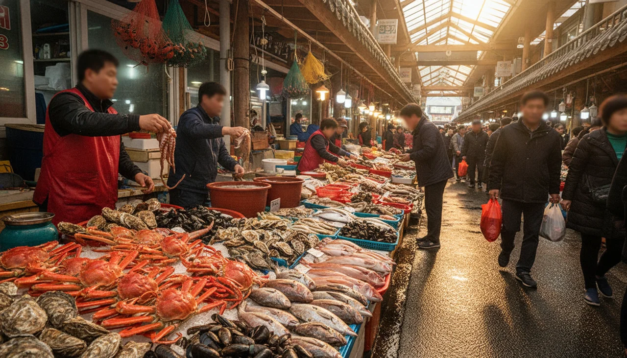 Bustling seafood stalls in Traditional Market N