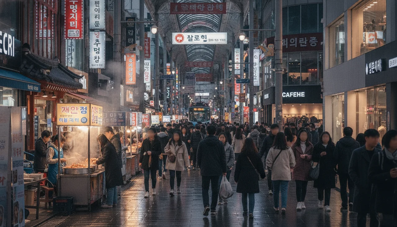 Busy shopping street in Seomyeon with neon lights