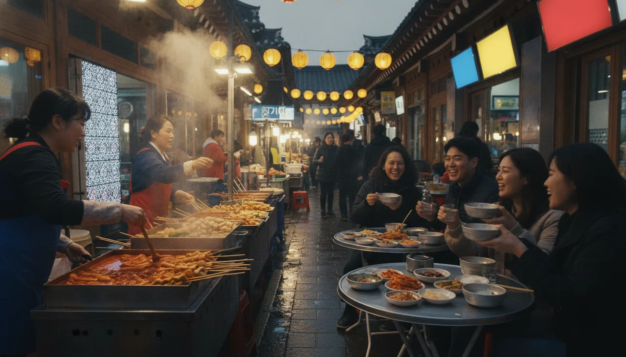 Busy street food market scene