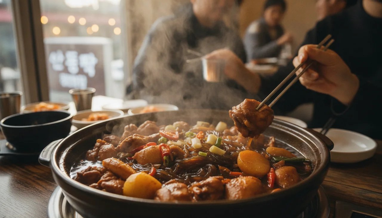 close-up of steaming jjimdak with vegetables and noodles