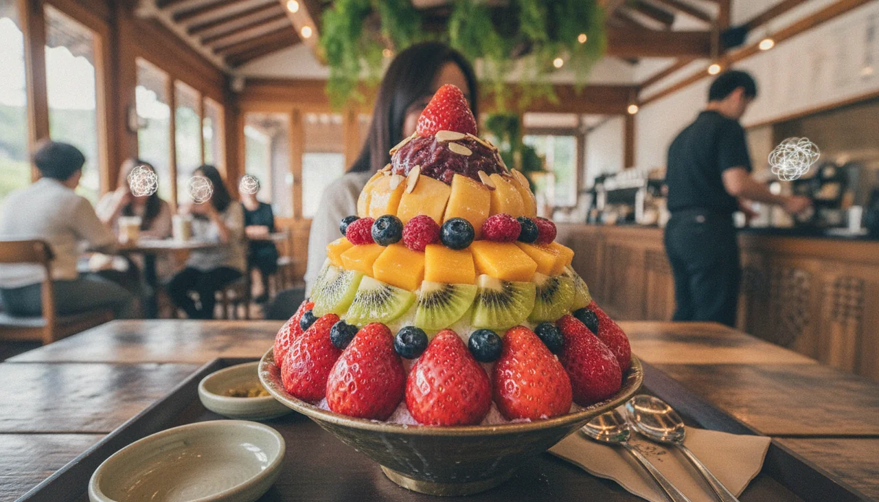 Colorful bingsu dessert with fresh fruit on a table
