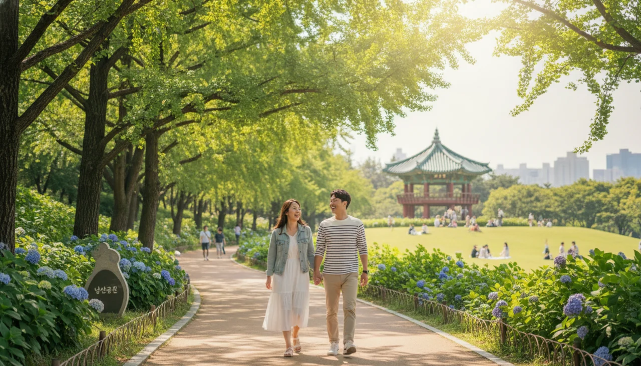 couple walking in green park