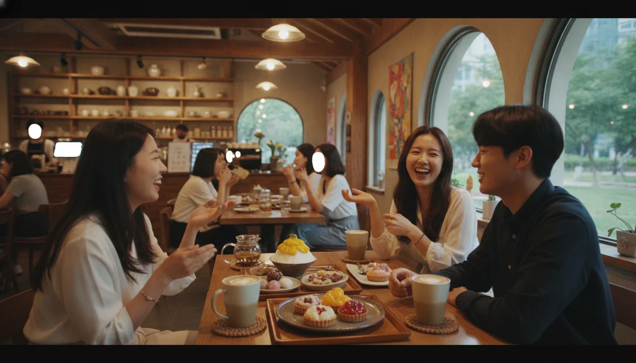 Cozy cafe interior with people chatting