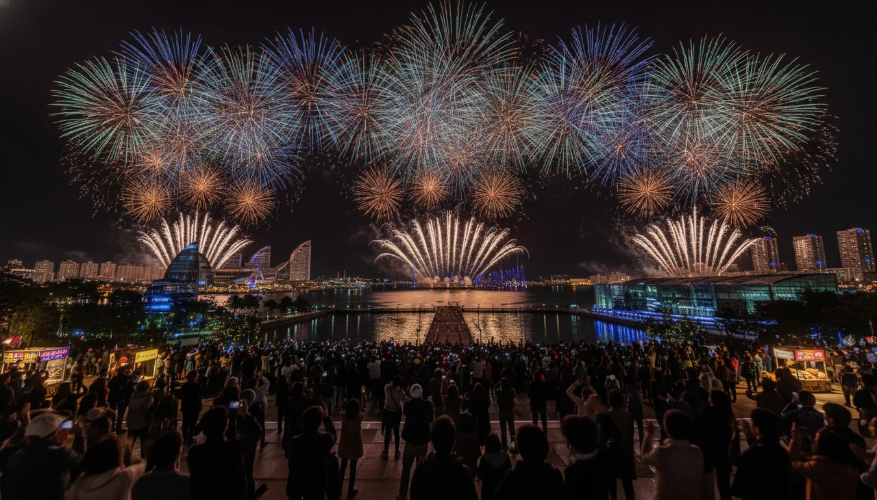 Fireworks over Yeosu Expo site with crowds