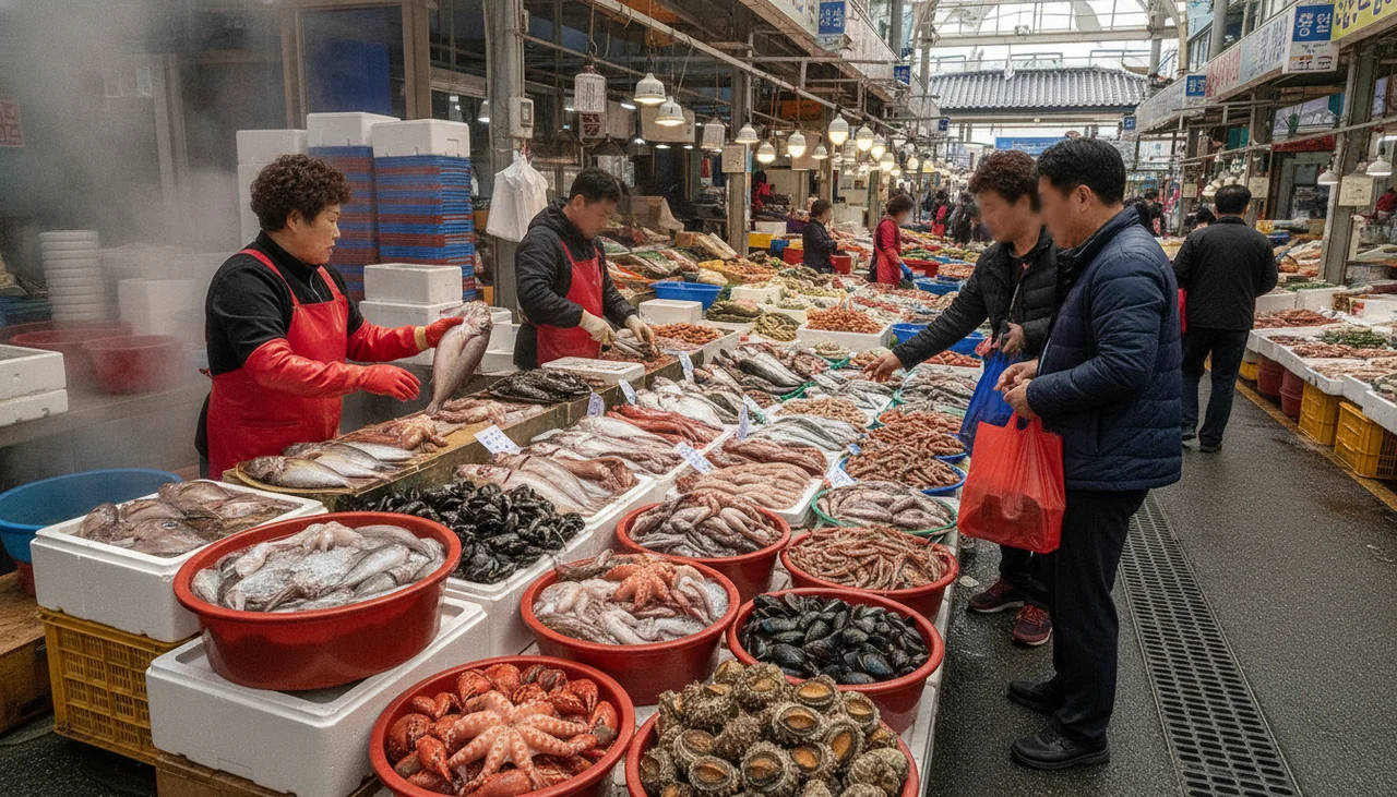 Fresh seafood display at Dongmun wet market with vendors