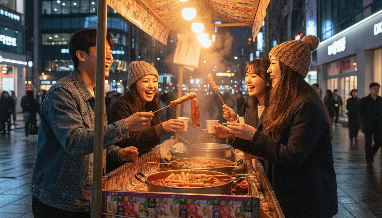 friends enjoying casual street food in Gangnam