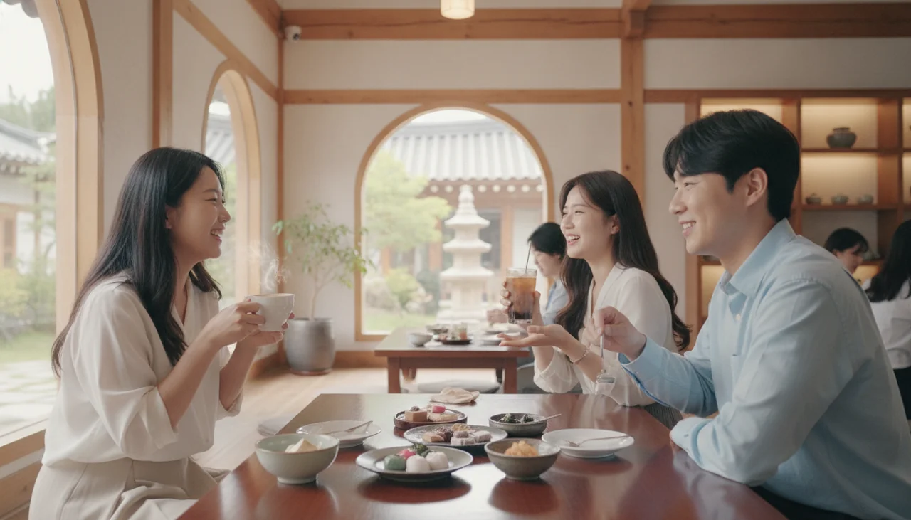 friends enjoying coffee in a cozy Gyeongju cafe
