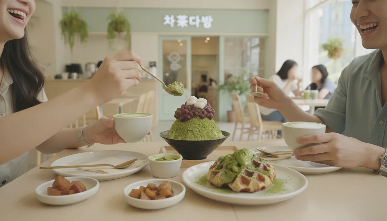 friends enjoying matcha dessert