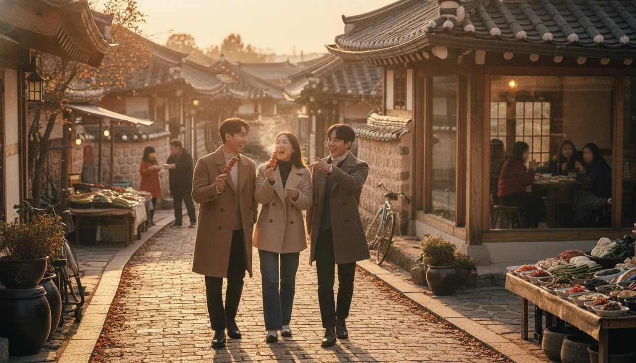 Friends exploring a Paju village street