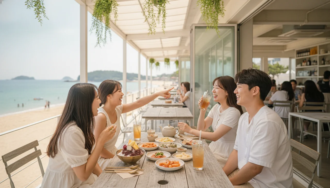 friends relaxing at a beach cafe