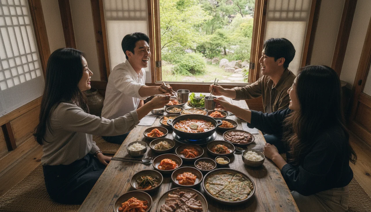 Friends sharing a hearty meal in a rustic setting