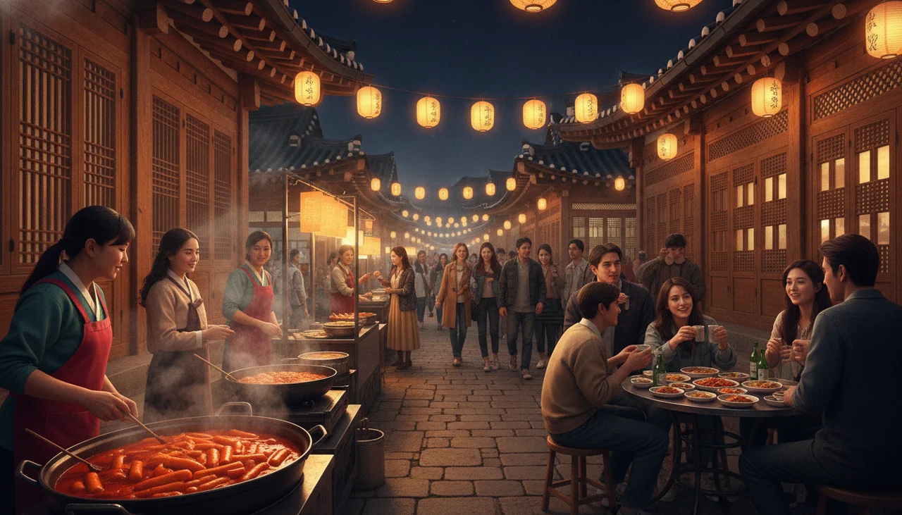 illuminated hanok street at night