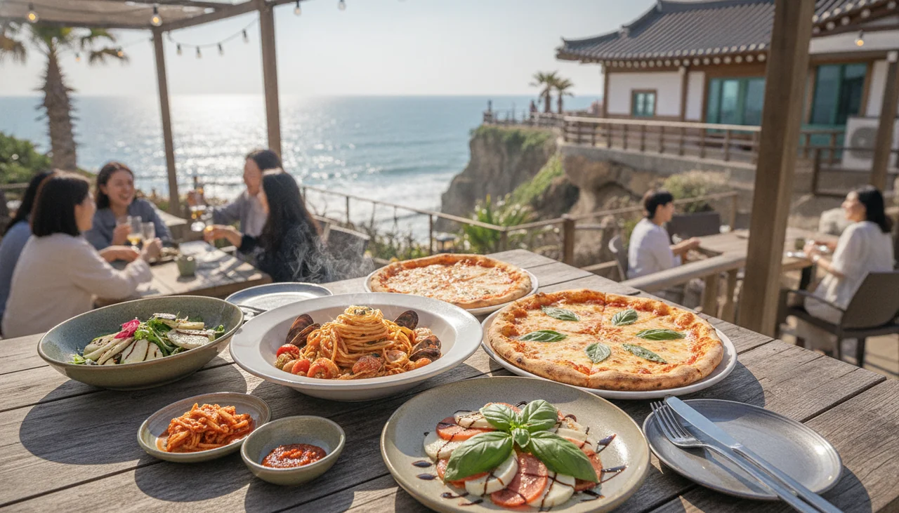 Italian dishes served at a seaside restaurant