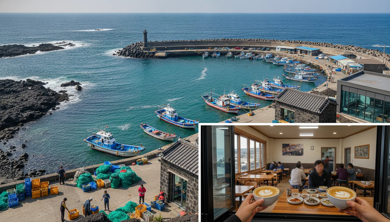 Jeju coastline with a fishing port