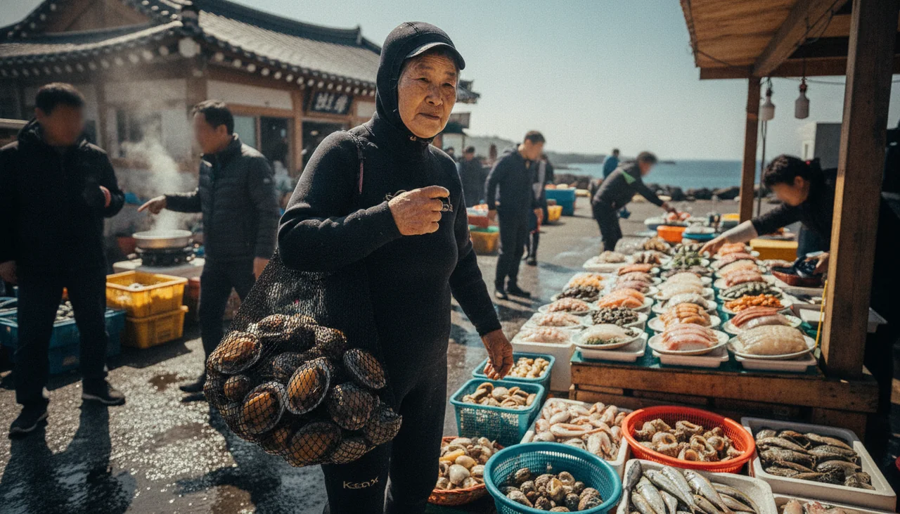 Jeju haenyeo diver with catch
