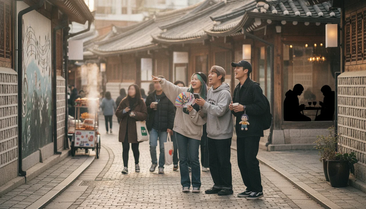 K-Pop fans exploring a landmark street