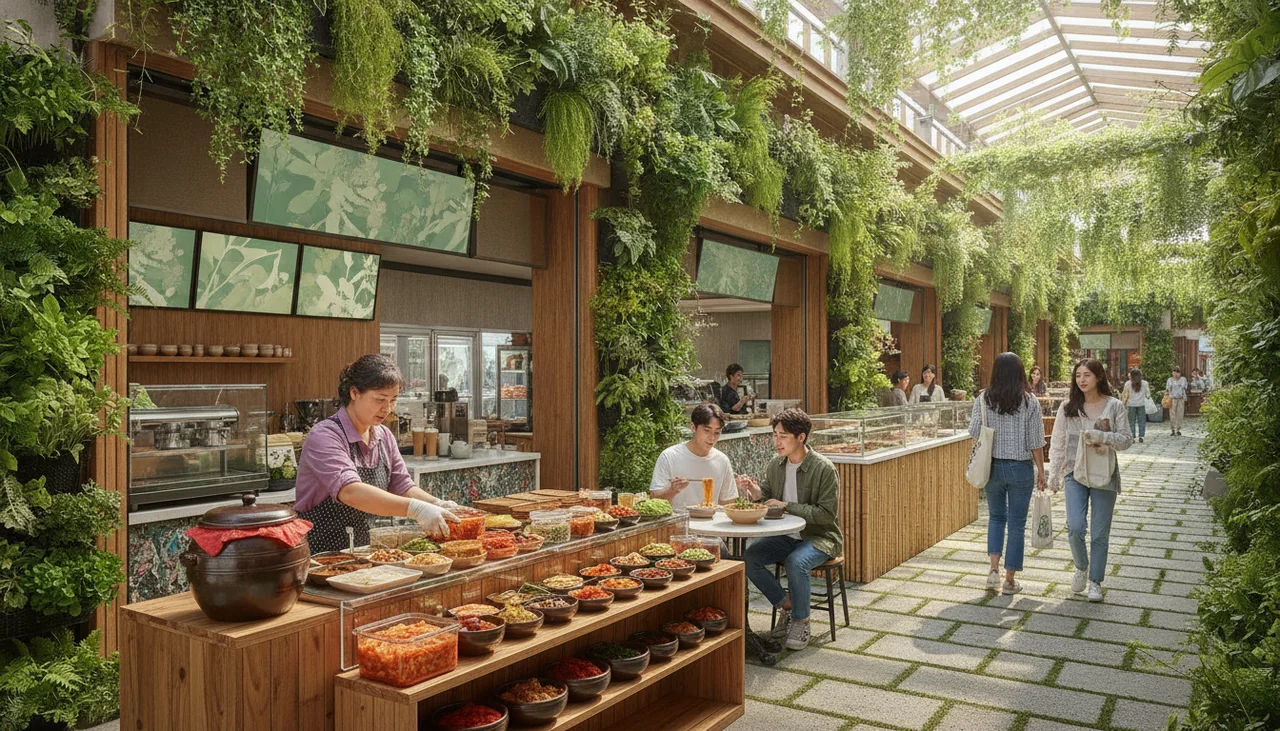 Modern green makeover elements in a market
