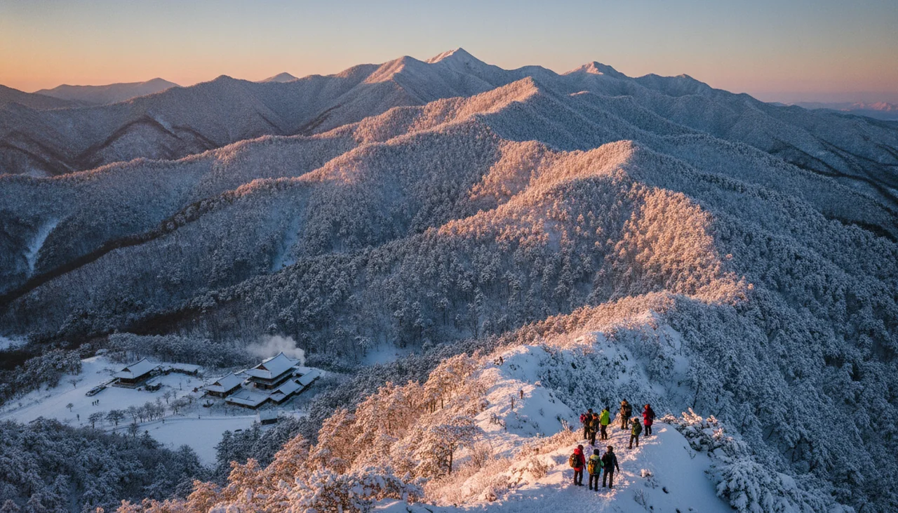 Panoramic view of Taebaek mountain range in winter