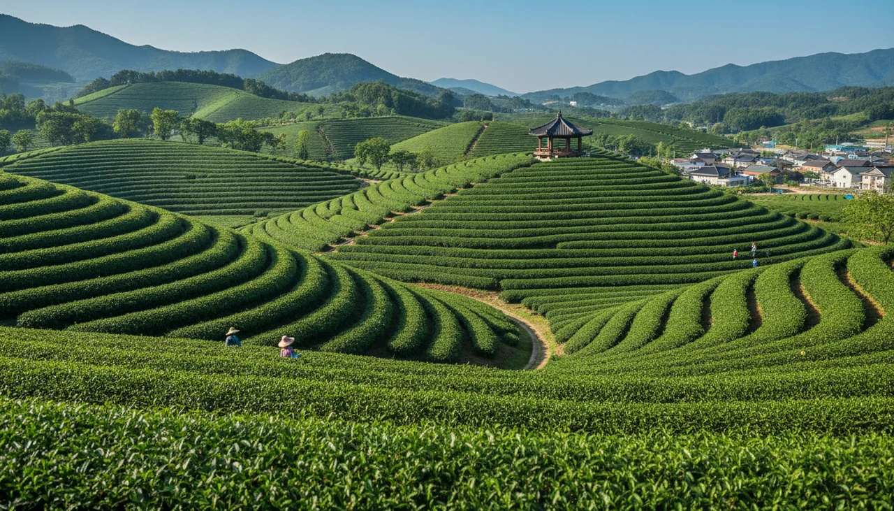 Rolling green tea fields under a clear sky