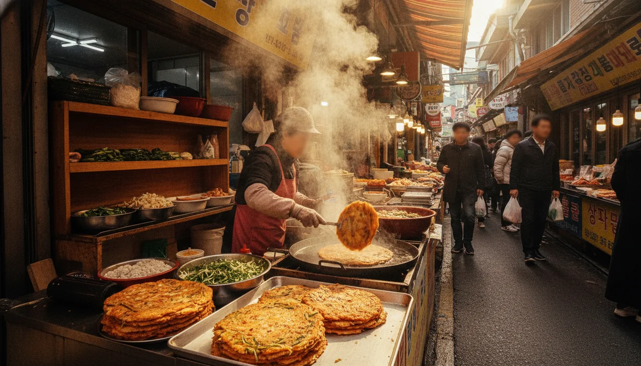Street food vendor preparing Korean pancakes (jeon)