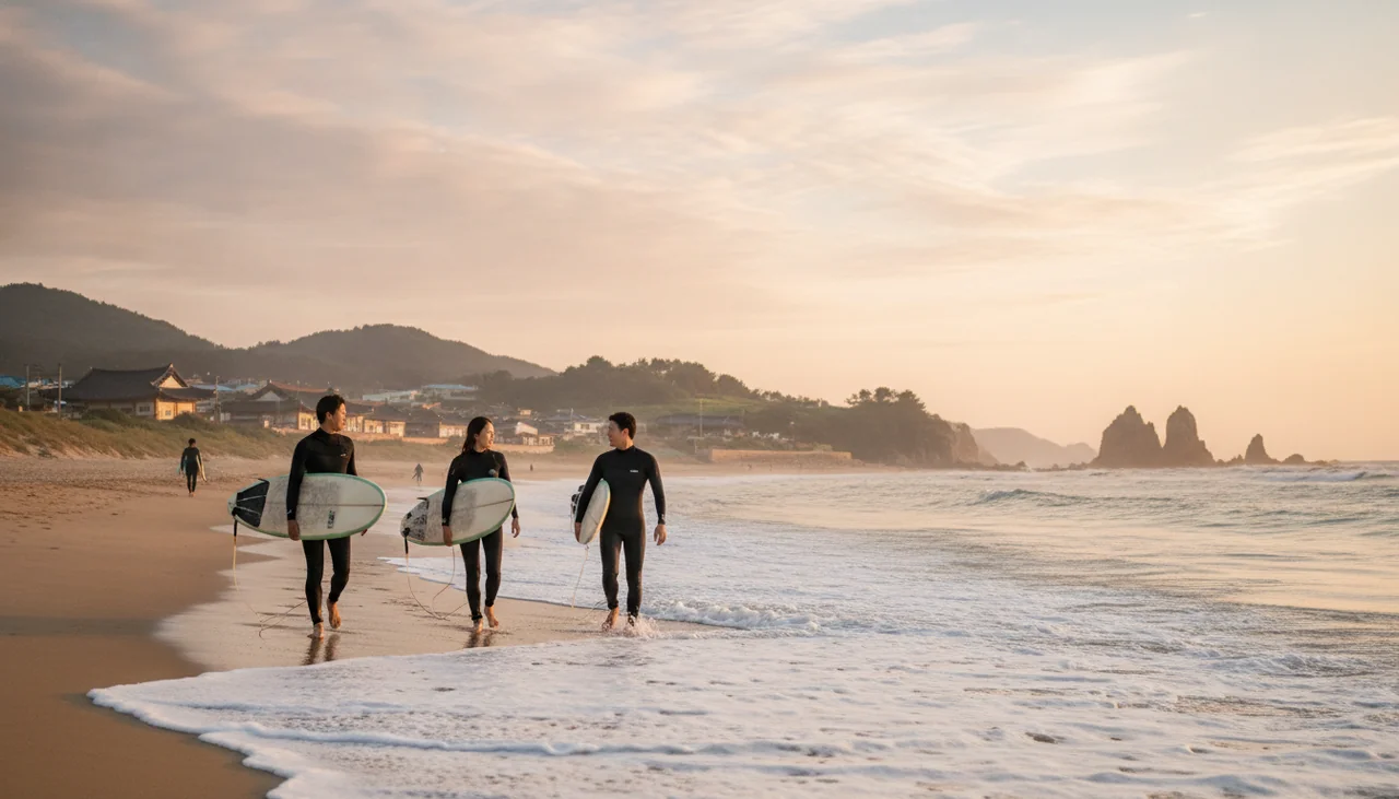 surfers walking on the beach