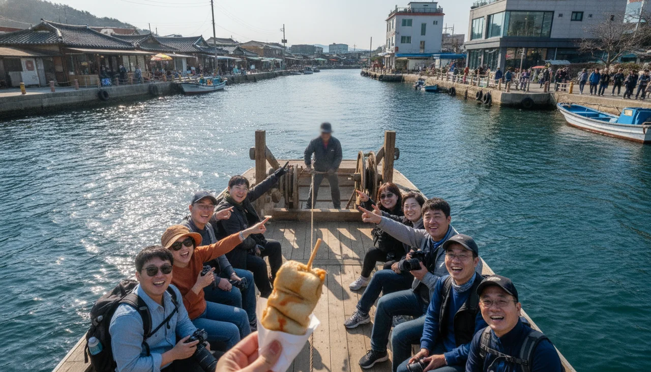 Tourists crossing the Gaetbae ferry between Abai Village and Jungangdong