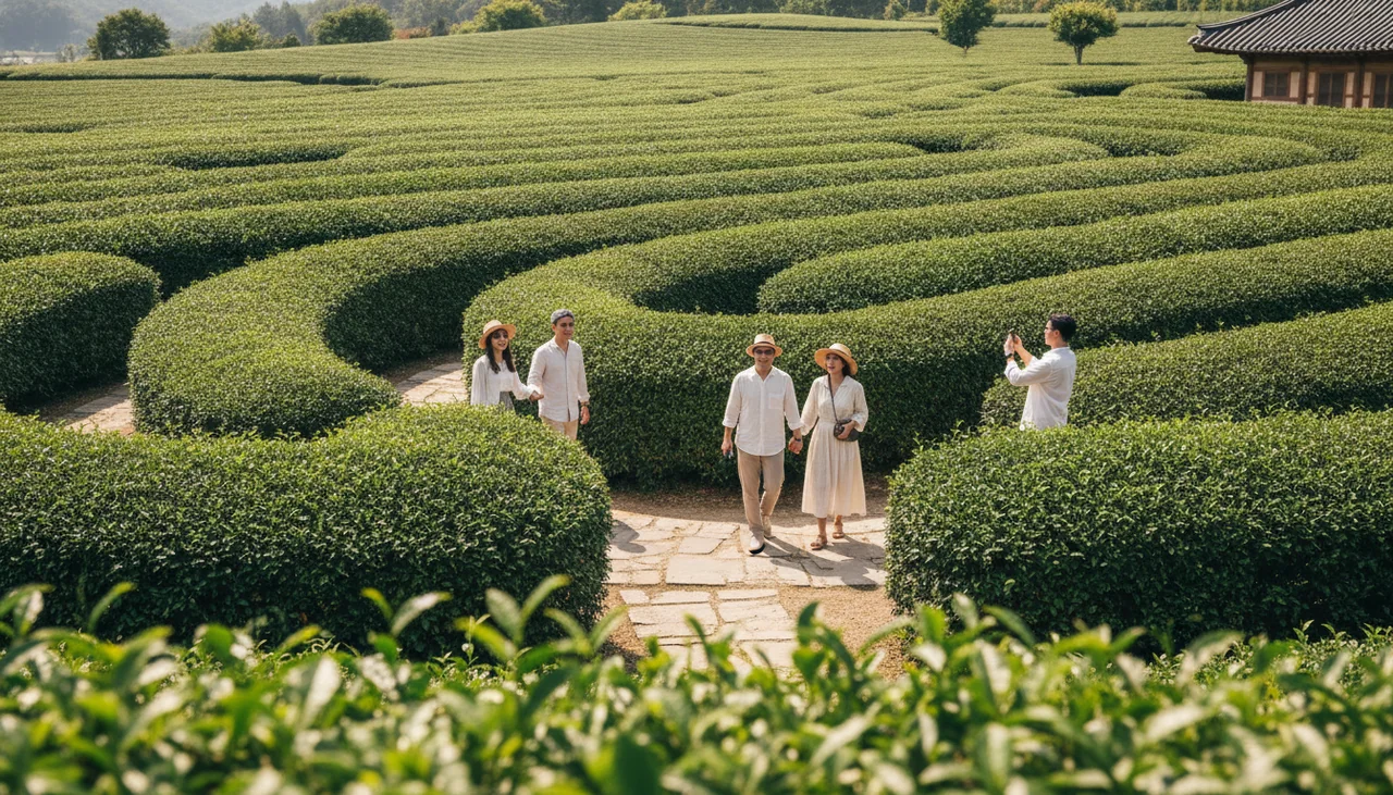 Tourists walking through a lush green tea maze garden