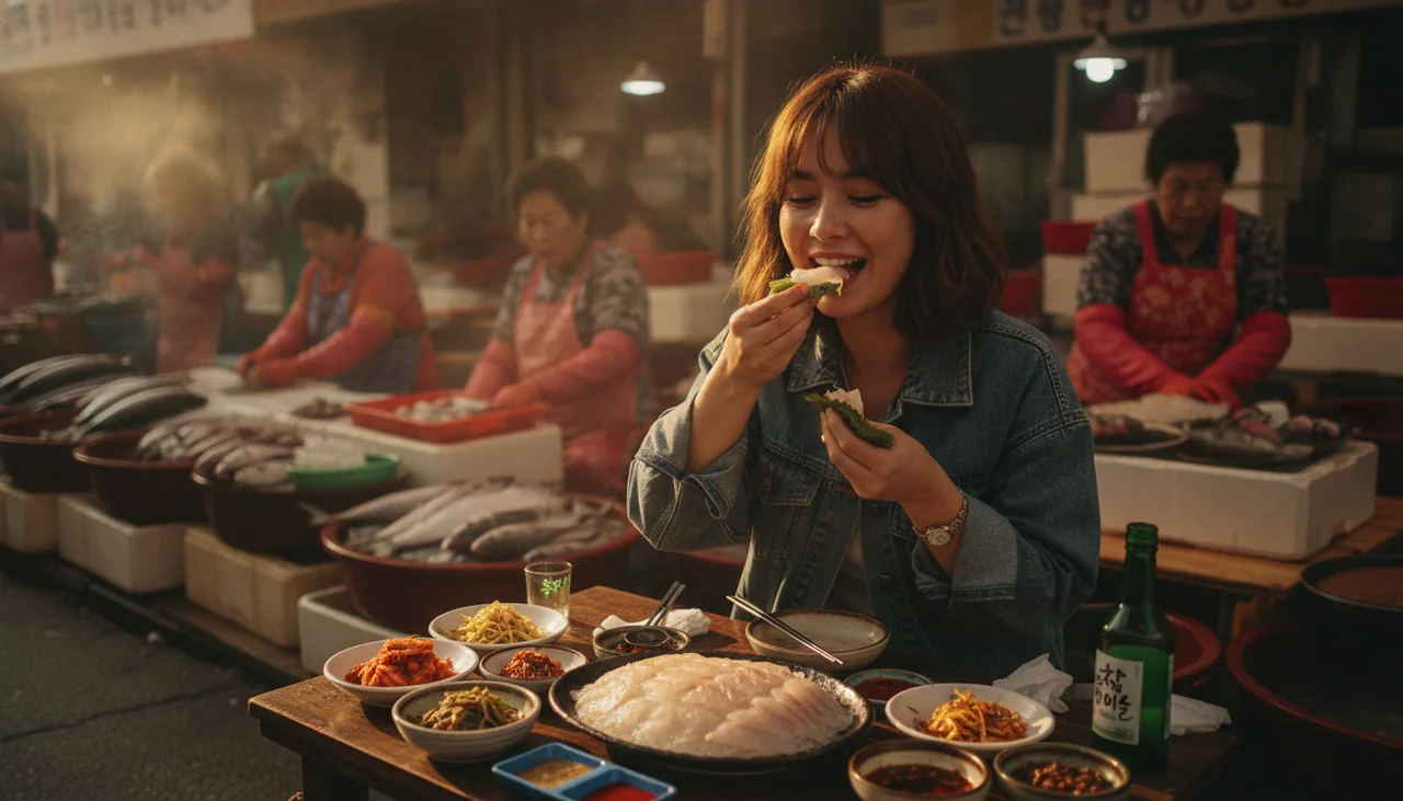 Traveler enjoying raw fish (hwe) at a market stall