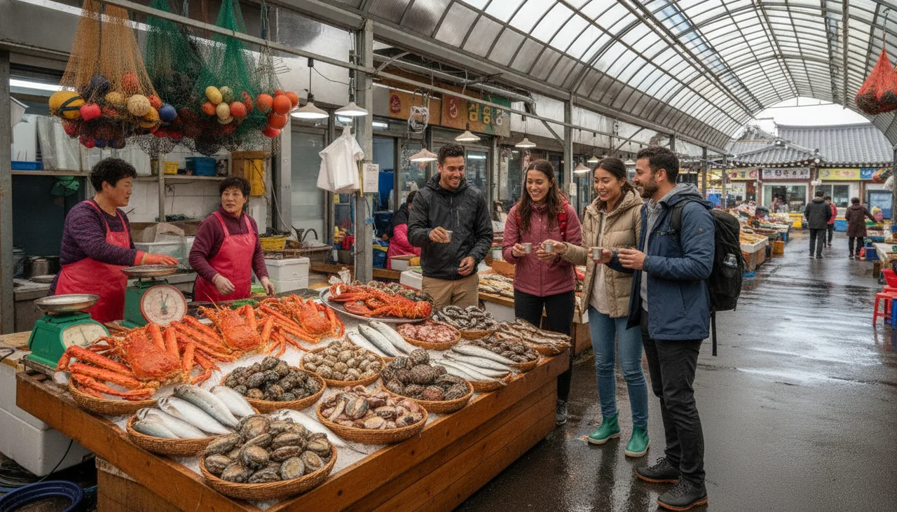 Travelers at Hallim seafood market