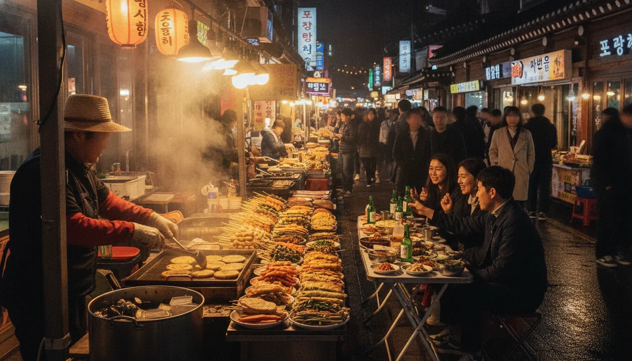 Vibrant night market scene with illuminated food stalls