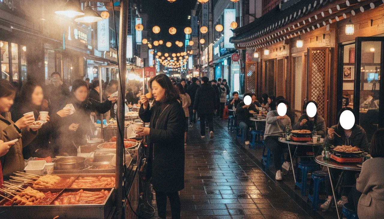 vibrant street scene in La Festa at night