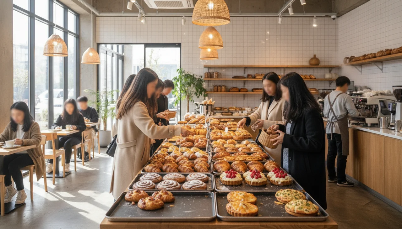 customers browsing pastries in a modern Jamsil bakery