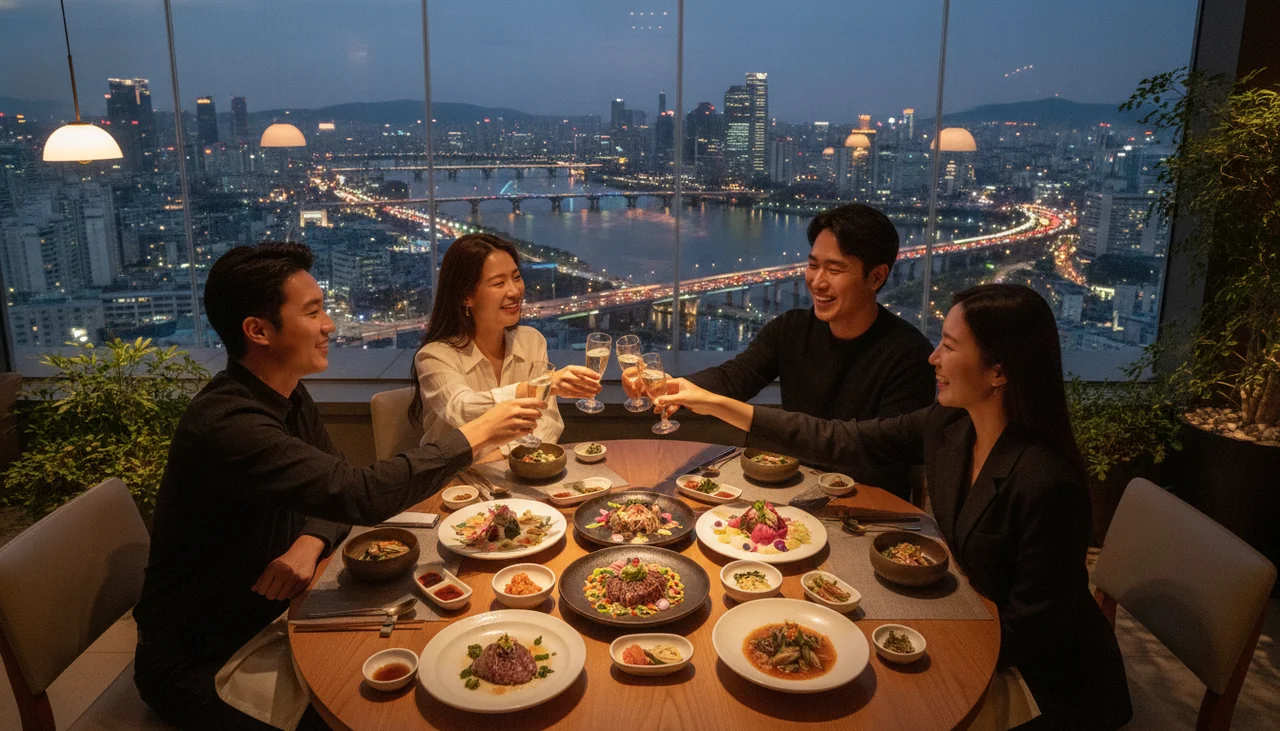 diners enjoying a high-end meal with a city view