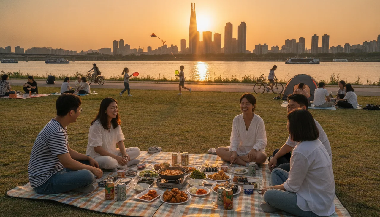 families picnicking by the Han River at Jamsil Hangang Park