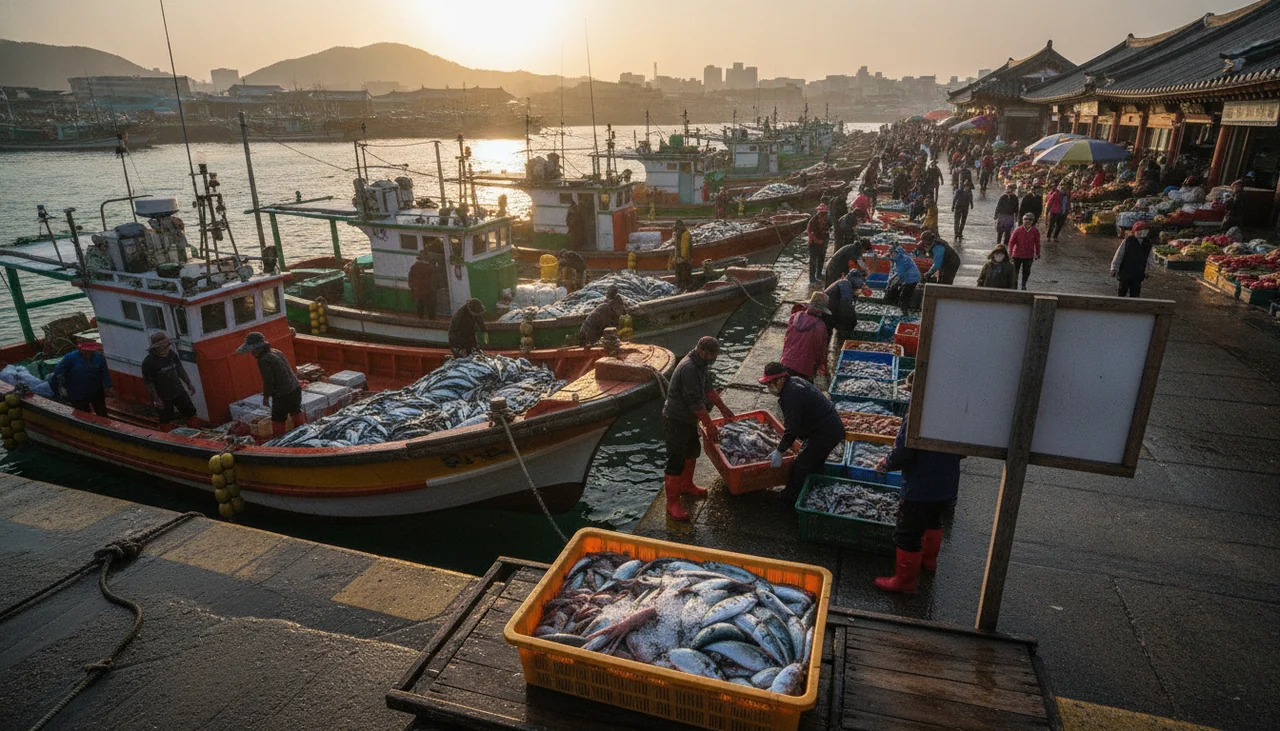 fishing boats unloading catch at a bustling port