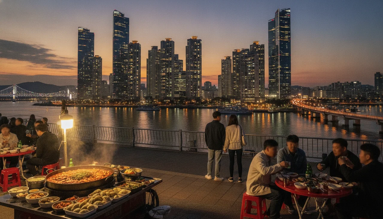 Marine City skyscrapers at dusk
