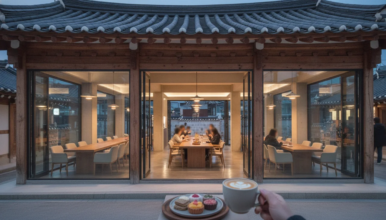 Traditional hanok building with modern cafe interior