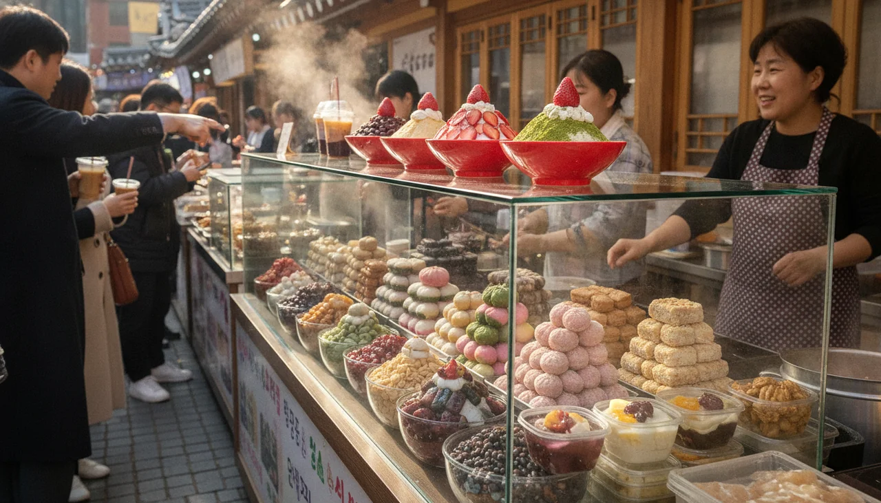 Variety of colorful Korean desserts on display